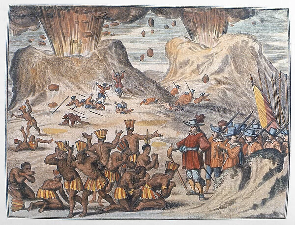The Journey of Cortes to Tenochtitlan in 1521 (coloured engraving)