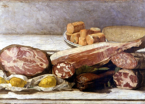 The joy of color, still life of cold cuts. Painting by Giovanni Segantini (1858-1899)