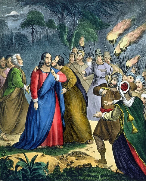 Judas Betrays his Master, from a bible printed by Edward Gover, 1870s (litho)