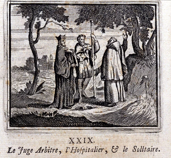 The judge referees the Hospitaller and the Solitaire. Fables by Jean de La Fontaine