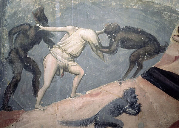 The Last Judgement: Hell, detail of one of the damned taken by two demons, c. 1303-05 (fresco)