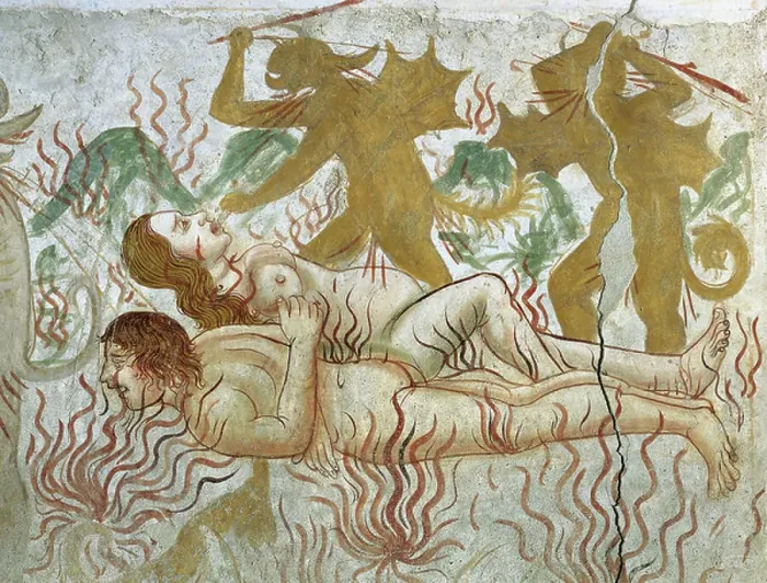 Framed Print : The Last Judgment, Hell, damned couple in flames, 15th-16th century, detail from the Biblia Pauperum (Paupers Bible), fresco attributed to Cagnola or Cagnoli Workshop, Church of the Most Holy Trinity, Momo, Piedmont, Italy Framed Print : The Last Judgment, Hell, damned couple in flames, 15th-16th century, detail from the Biblia Pauperum (Paupers Bible), fresco attributed to Cagnola or Cagnoli Workshop, Church of the Most Holy Trinity, Momo, Piedmont, Italy