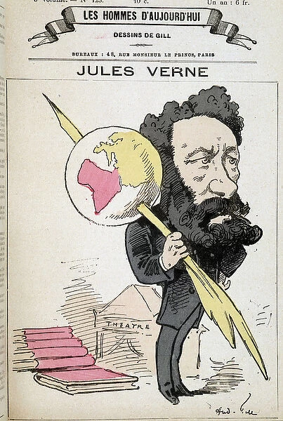 Jules Verne pinching the earth to his pen - by Gill, in 'The men of today'