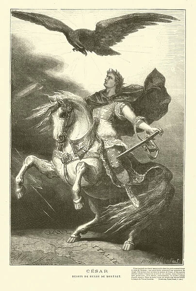 Julius Caesar on horseback with an imperial eagle above him (engraving)