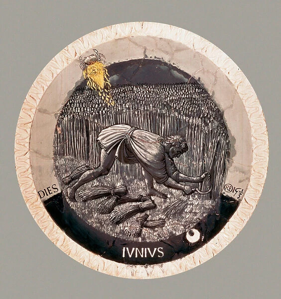 June: a peasant harvesting the wheat. Terracotta by Luca della Robbia