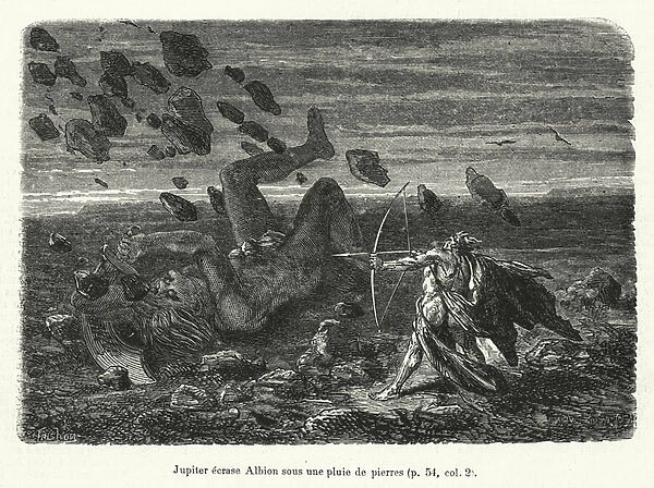 Jupiter ecrase Albion sous une pluie de pierres (engraving)