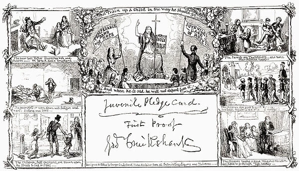 Juvenile Pledge Card. Facsimilie of first proof by George Cruikshank. From the book The Connoisseur Illustrated published 1903