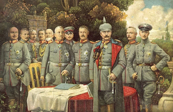 Kaiser Wilhelm II of Germany and his generals (colour litho)