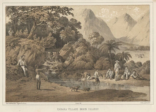 Kanaka Village Bonin Islands, 1855 (colour litho)