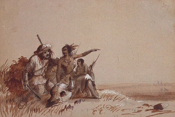 Kansas Indian Recounting to a Trapper, by Signs, the Migration of Buffalo, c. 1837 (pencil and brown and black washes on paper)