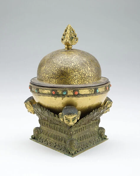 Kapala (skull bowl), 19th century (gilded copper with turquoise and coral, inset with human skull)