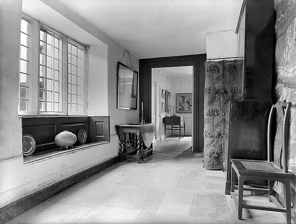 Kelmscott Manor, Oxfordshire, looking from the North Hall into the Panelled Room in the north wing, from Country Houses of the Cotswolds (b / w photo)