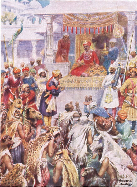 The Khan Jahan shows Akbar his princely captives (colour litho)