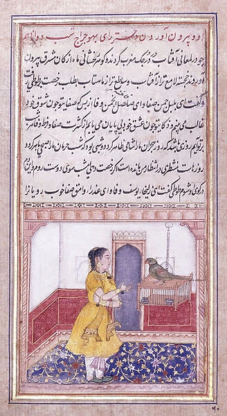 Khujista Talking to the Parrot, c. 1580 (gouache with gold paint on paper)