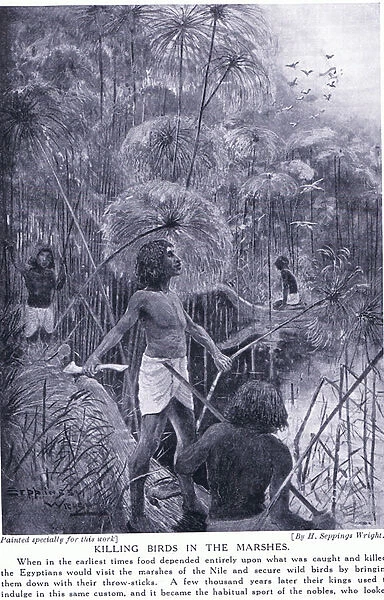 Killing birds in the marshes, c. 1920 (litho)