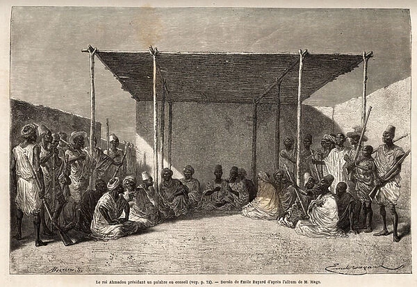 King Ahmadou with his council, illustration from Le Tour du Monde, nouveau journal des voyages, by Edouard Charton, 1868 (engraving)