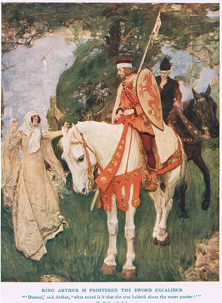 King Arthur is proffered sword Excalibur, illustration from King Arthur