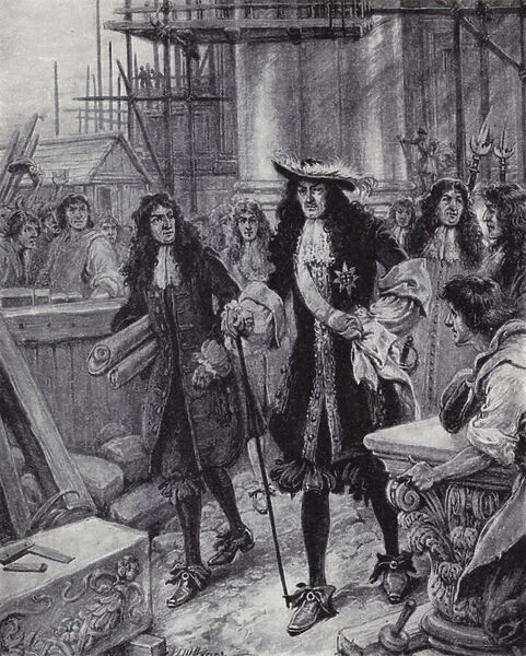 King Charles II overseeing the rebuilding of St Pauls Cathedral after the Great Fire of London, 1666 (litho)