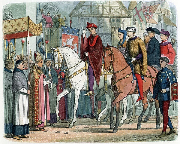 King Charles VI and Henry V of Lancaster in Paris, illustration from A Chronicle of England by James Doyle, 1864 (colour litho)