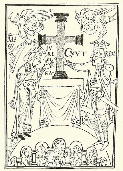 King Cnut and his Queen, Emma, Presenting a Cross upon the Altar of Newminster (Winchester) (engraving)