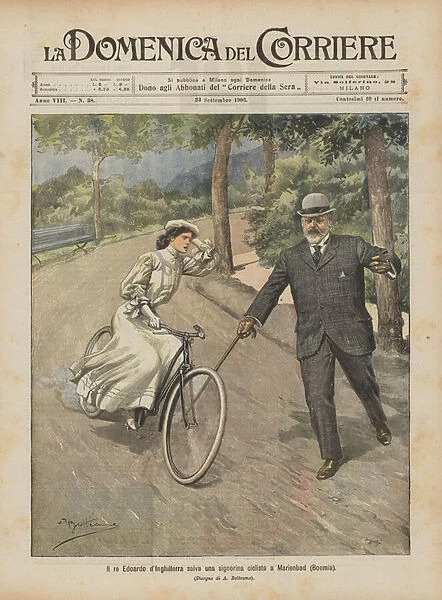 King Edward of England rescues a young cyclist in Marienbad (Bohemia) (colour litho)