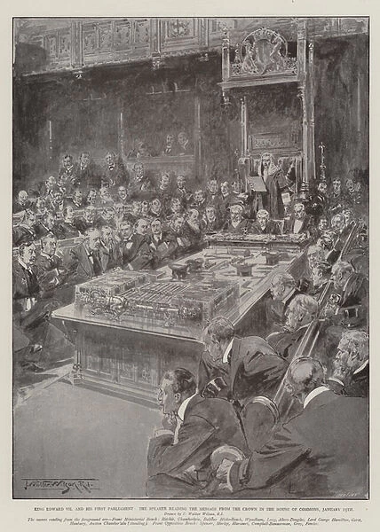 King Edward VII and his First Parliament, the Speaker reading the Message from the Crown in the House of Commons, 25 January (litho)