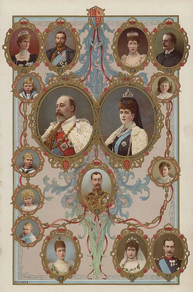 King Edward VII, Queen Alexandra and their children and grandchildren (colour litho)