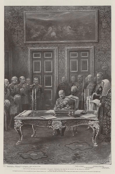 King Edward VIIs First Act of Government, His Majesty subscribing the Oath for the Security of the Church of Scotland (litho)