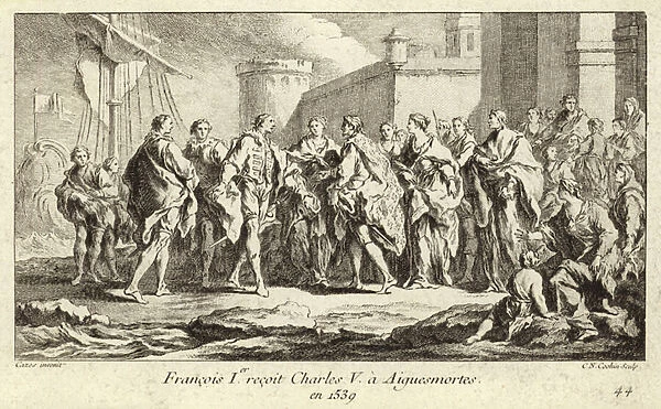 King Francis I of France receiving the Emperor Charles V at Aigues-Mortes, 1539 (engraving)