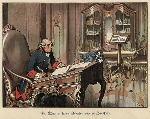 King Frederick the Great of Prussia in his study at Sanssouci (colour litho)