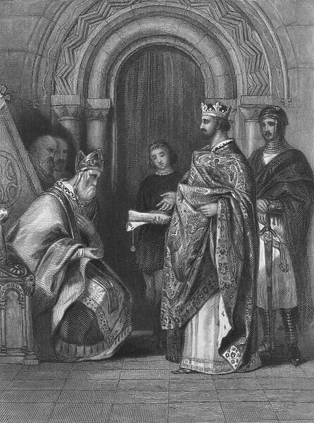 King Henry II of England presenting the papal bull of 1155 that allowed him to invade, govern and rule Ireland (engraving)