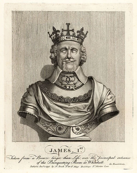 King James I of England taken from a bronze bust over the entrance of the Banquetting Room at Whitehall