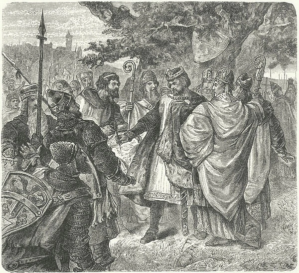 King John agreeing to the Magna Carta, Runnymede, 1215 (engraving)