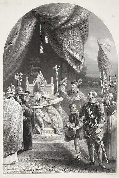 King John sealing Magna Carta, engraved by W. French (litho)