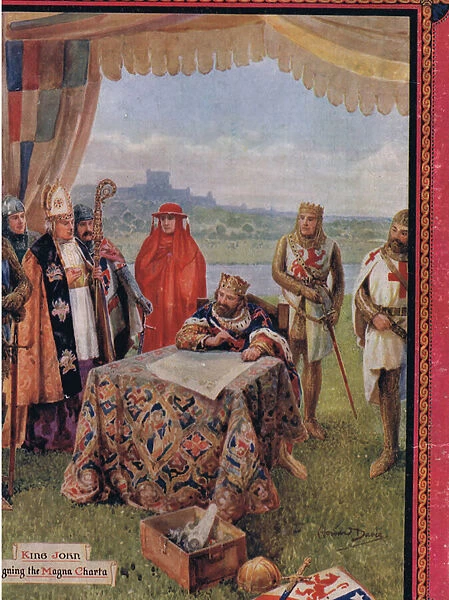 King John signing the Magna Carta, illustration from Madame Tussauds (colour litho)