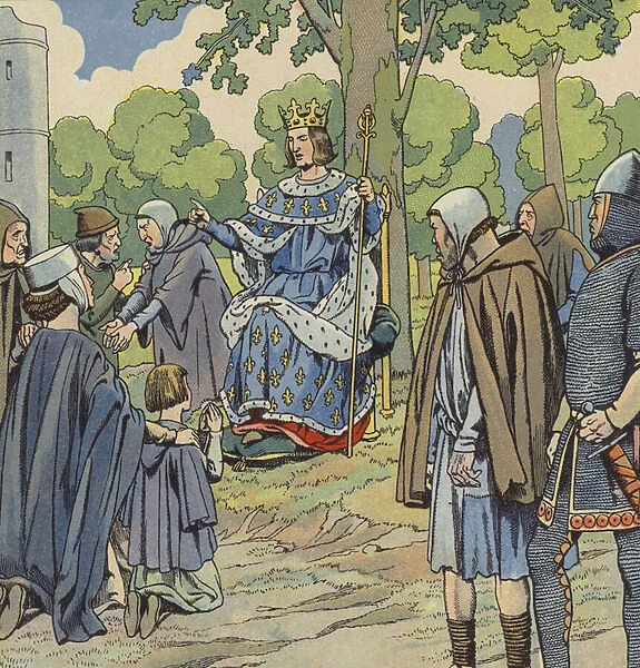 King Louis IX of France dispensing justice, 13th Century (colour litho)