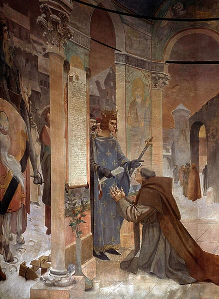 King Louis IX (Saint Louis) (1214-1270) presents the Charter of Foundation of the College