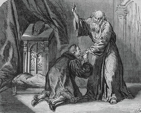 King Louis XI throws himself at the feet of Saint Francois de Paule and implores his blessings shortly before his death (engraving)