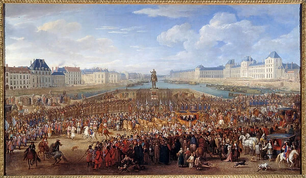 King Louis XIV (1638-1715) crossing the Pont Neuf in his carriage Painting by Adam Van