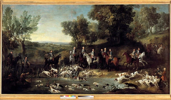 King Louis XV hunting deer in the forest of Saint Germain in 1730 Painting by Jean