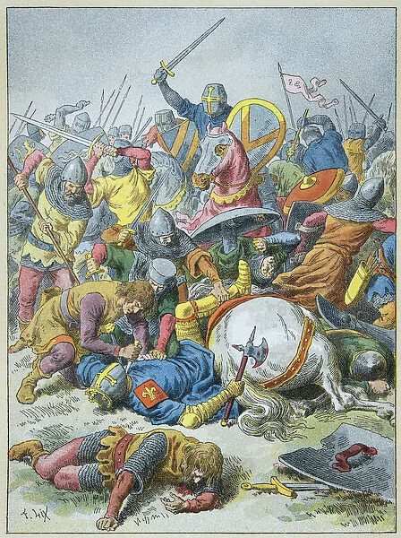 King Philip Auguste at the Battle of Bouvines in 1214 (engraving)