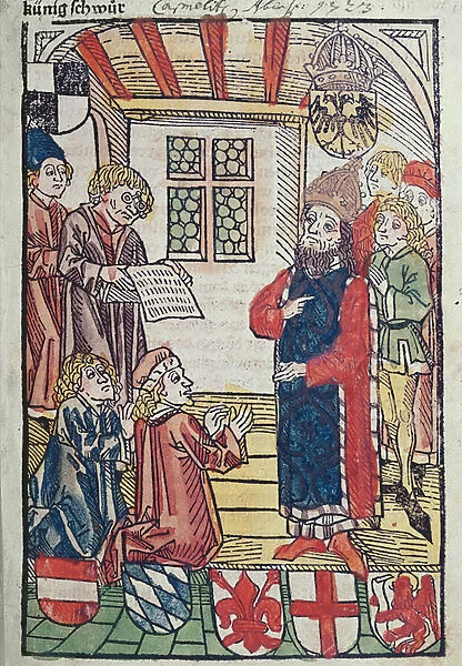 The King of the Romans, Sigismund of Luxemburg, receives the homage of Duke Frederick of