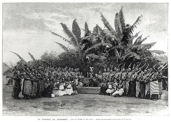 King Toffa (r. 1874-1908) and his Court, Dahomey, 1892 (engraving) (b  /  w photo)