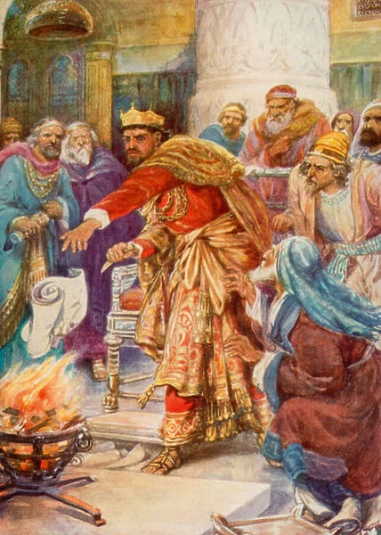 King Zedekiah destroying the Roll (colour litho)
