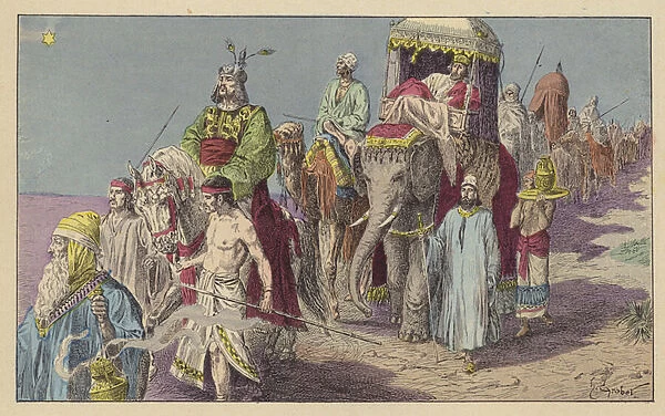 The Three Kings guided by the star (colour litho)
