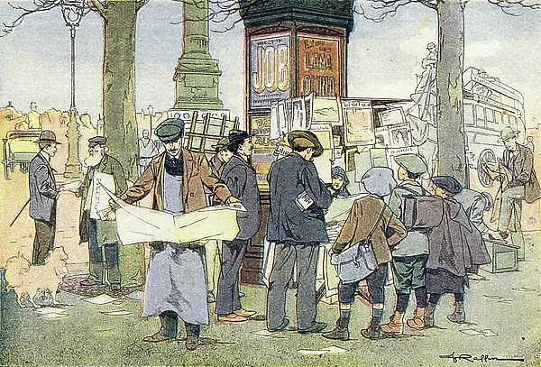 The kiosk has newspapers, in Imagier de l'enfance, c. 1900 (engraving)