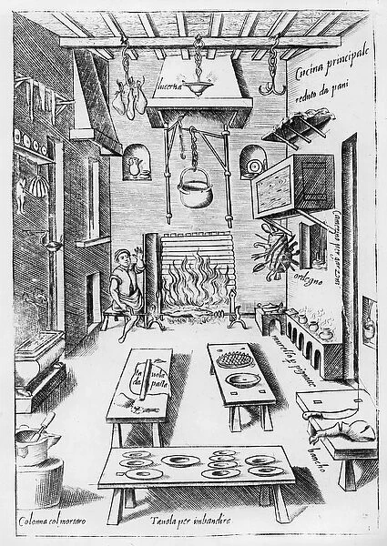 Kitchen interior (engraving) (b  /  w photo)
