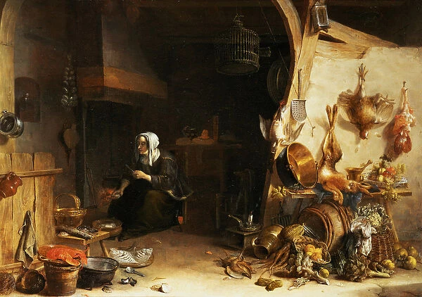 A Kitchen Interior with a Servant Girl Surrounded by Utensils, Vegetables and a Lobster