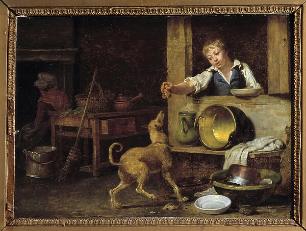 Kitchen interior A young servant gives the dog the leftovers