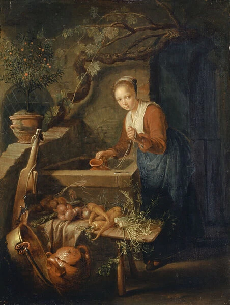 Kitchen Maid at the Well, c. 1650 (oil on oak wood)
